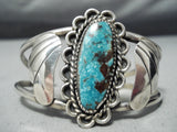 Superior Vintage Native American Navajo Morenci Turquoise Flank Sterling Silver Bracelet Old-Nativo Arts