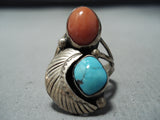 Superior Vintage Native American Navajo Turquoise & Coral Sterling Silver Ring Old-Nativo Arts