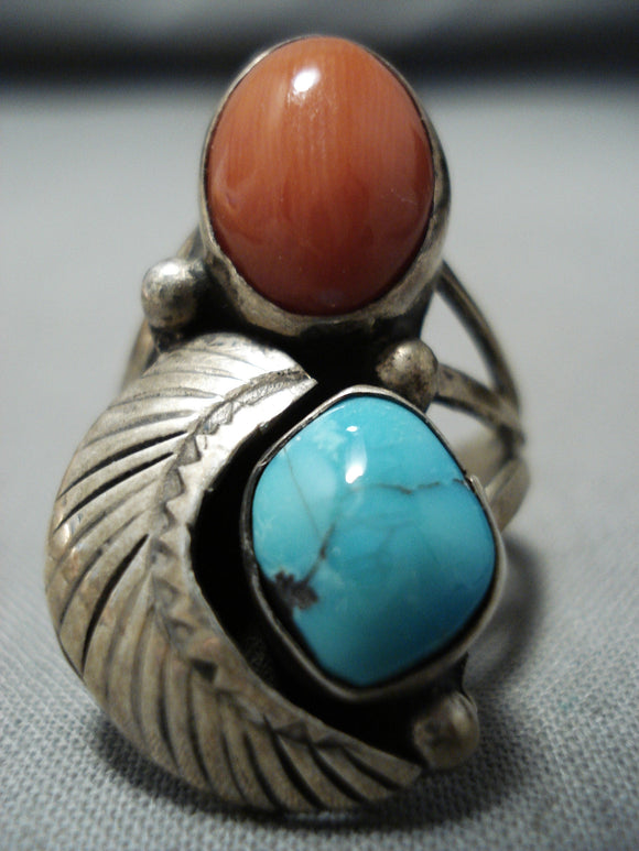 Superior Vintage Native American Navajo Turquoise & Coral Sterling Silver Ring Old-Nativo Arts