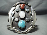 Superlative Native American Navajo Turquoise, Coral, Mother Of Pearl Sterling Silver Bracelet-Nativo Arts