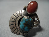 Swirling Leaf Vintage Native American Navajo Turquoise Coral Sterling Silver Ring-Nativo Arts