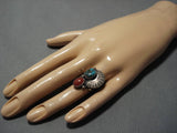 Swirling Leaf Vintage Native American Navajo Turquoise Coral Sterling Silver Ring-Nativo Arts