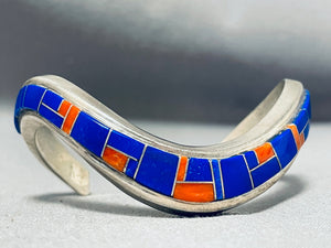 Swirling Silver Vintage Native American Navajo Lapis Coral Sterling Bracelet Cuff-Nativo Arts
