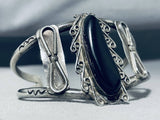 Swirls And Black Stone Vintage Native American Navajo Sterling Silver Bracelet Old-Nativo Arts