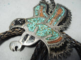 Swooping Eagle Vintage Native American Navajo Turquoise Coral Sterling Silver Bolo Tie-Nativo Arts