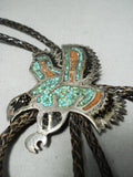 Swooping Eagle Vintage Native American Navajo Turquoise Coral Sterling Silver Bolo Tie-Nativo Arts