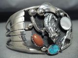 Symbolic Toad Vintage Native American Navajo Turquoise Coral Sterling Silver Bracelet Old-Nativo Arts