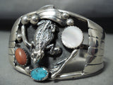 Symbolic Toad Vintage Native American Navajo Turquoise Coral Sterling Silver Bracelet Old-Nativo Arts