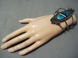 Tall Vintage Native American Navajo Turquoise Inlay Sterling Silver Bracelet-Nativo Arts