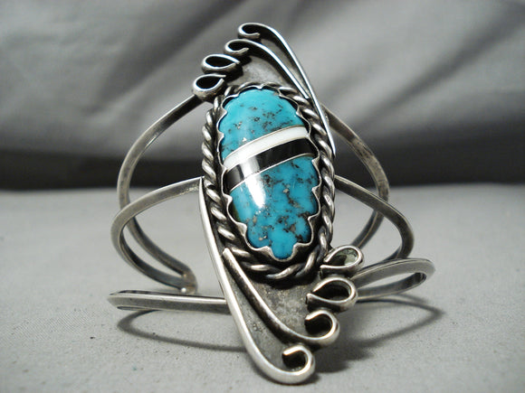 Tall Vintage Native American Navajo Turquoise Inlay Sterling Silver Bracelet-Nativo Arts