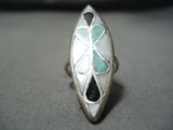 Taller Vintage Native American Navajo Zuni Turquoise Inlay Sterling Silver Ring Old-Nativo Arts