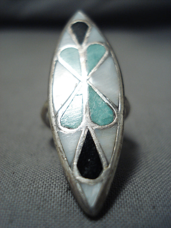 Taller Vintage Native American Navajo Zuni Turquoise Inlay Sterling Silver Ring Old-Nativo Arts