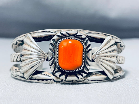 Thick Authentic Vintage Native American Navajo Coral Sterling Silver Bracelet-Nativo Arts