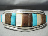 Thick Detailed!! Vintage Native American Navajo Turquoise Inlay Sterling Silver Bracelet-Nativo Arts
