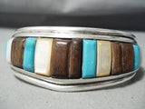 Thick Detailed!! Vintage Native American Navajo Turquoise Inlay Sterling Silver Bracelet-Nativo Arts