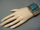 Thick Heavy Signed Vintage Native American Navajo Turquoise Sterling Silver Bracelet-Nativo Arts