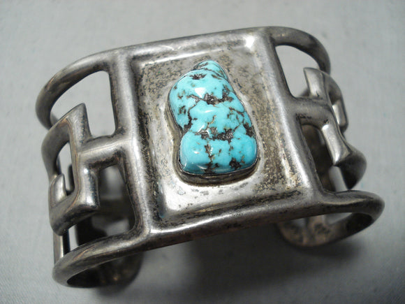 Thicker Vintage Native American Navajo Blue Turquoise Sterling Silver Geomtric Bracelet-Nativo Arts