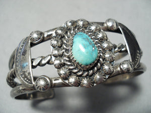Thicker Vintage Native American Navajo Gilbert Turquoise Sterling Silver Bracelet Old-Nativo Arts
