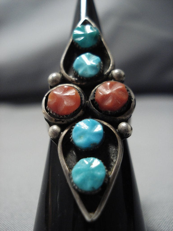 Towering Vintage Native American Jewelry Navajo Turquoise Coral Snake Eyes Sterling Silver Ring Old-Nativo Arts