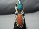 Towering Vintage Native American Jewelry Navajo Turquoise Coral Sterling Silver Ring Old-Nativo Arts