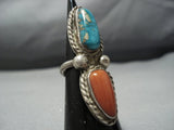 Towering Vintage Native American Jewelry Navajo Turquoise Coral Sterling Silver Ring Old-Nativo Arts