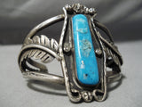 Towering Vintage Native American Navajo Blue Gem Turquoise Sterling Silver Leaf Bracelet Old-Nativo Arts