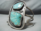 Towering Vintage Native American Navajo Double Turquoise Chunk Sterling Silver Bracelet Old-Nativo Arts