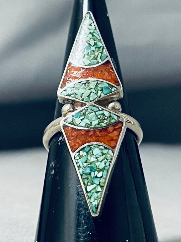 Towering Vintage Native American Navajo Green Turquoise Coral Sterling Silver Ring-Nativo Arts