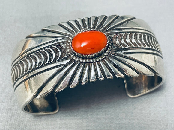 Tremendous Heavy Vintage Native American Navajo Coral Sterling Silver Bracelet-Nativo Arts