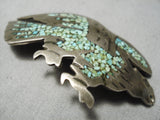 Tremendous Vintage Native American Navajo Hand Carved Eagle Green Turquoise Sterling Silver Pin-Nativo Arts