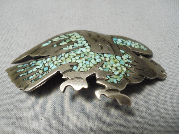 Tremendous Vintage Native American Navajo Hand Carved Eagle Green Turquoise Sterling Silver Pin-Nativo Arts