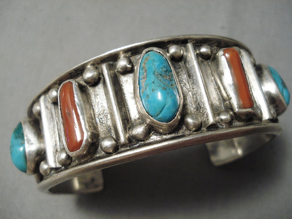 Tremendous Vintage Native American Navajo Turquoise Coral Chunk Sterling Silver Bracelet-Nativo Arts