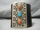 Tremendous Vintage Native American Navajo Turquoise Coral Sterling Silver Cuff Bracelet-Nativo Arts