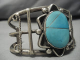 Tremendous Vintage Native American Navajo Turquoise Inlaid Sterling Silver Bracelet Old Cuff-Nativo Arts