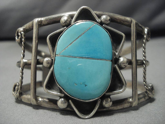 Tremendous Vintage Native American Navajo Turquoise Inlaid Sterling Silver Bracelet Old Cuff-Nativo Arts