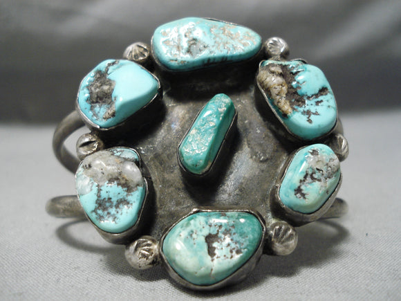 Turquoise Sun Vintage Native American Navajo Chunky Turquoise Sterling Silver Bracelet Old-Nativo Arts