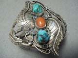 Twirling Leaf Vintage Native American Navajo Turquoise Coral Signed Sterling Silver Bracelet-Nativo Arts