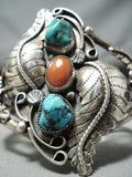 Twirling Leaf Vintage Native American Navajo Turquoise Coral Signed Sterling Silver Bracelet-Nativo Arts