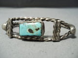 Twisted Coil Vintage Native American Navajo Squared Turquoise Sterling Silver Bracelet Old-Nativo Arts