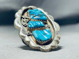 Unbelievable Vintage Native American Zuni Signed 3 Morenci Turquoise Gigantic Silver Ring-Nativo Arts