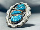 Unbelievable Vintage Native American Zuni Signed 3 Morenci Turquoise Gigantic Silver Ring-Nativo Arts