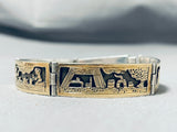 Unique Intricate Detail Vintage Native American Navajo Gold Sterling Silver Bracelet-Nativo Arts