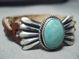 Unique Native American Navajo Kingman Turquoise Sterling Silver & Leather Bracelet-Nativo Arts