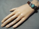 Unique Native American Navajo Kingman Turquoise Sterling Silver & Leather Bracelet-Nativo Arts