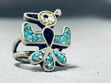 Unique Native American Navajo Turquoise Jet Chip Inlay Sterling Silver Bird Ring-Nativo Arts