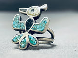 Unique Native American Navajo Turquoise Jet Chip Inlay Sterling Silver Bird Ring-Nativo Arts