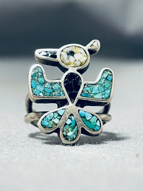 Unique Native American Navajo Turquoise Jet Chip Inlay Sterling Silver Bird Ring-Nativo Arts