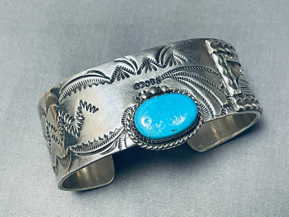 Unique Vintage Native American Hopi Sleeping Beauty Turquoise Sterling Silver Storyteller Cuff-Nativo Arts