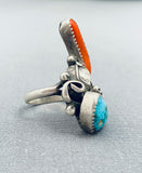 Unique Vintage Native American Navajo Old Kingman Turquoise Coral Sterling Silver Ring-Nativo Arts