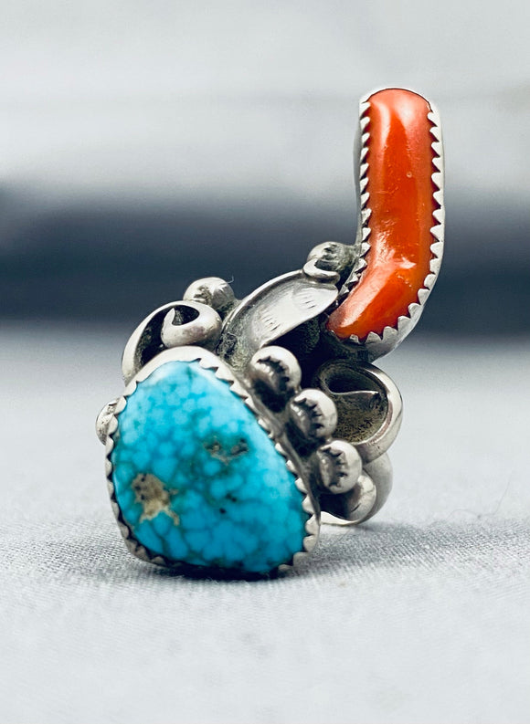 Unique Vintage Native American Navajo Old Kingman Turquoise Coral Sterling Silver Ring-Nativo Arts